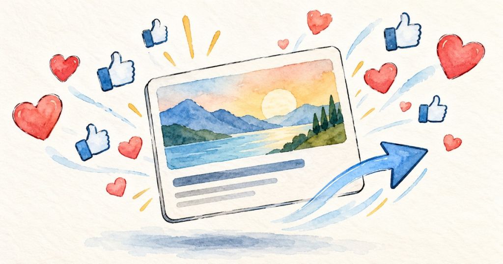 Ručně kreslená ilustrace sdílené karty odkazu obklopené srdíčky a palci nahoru