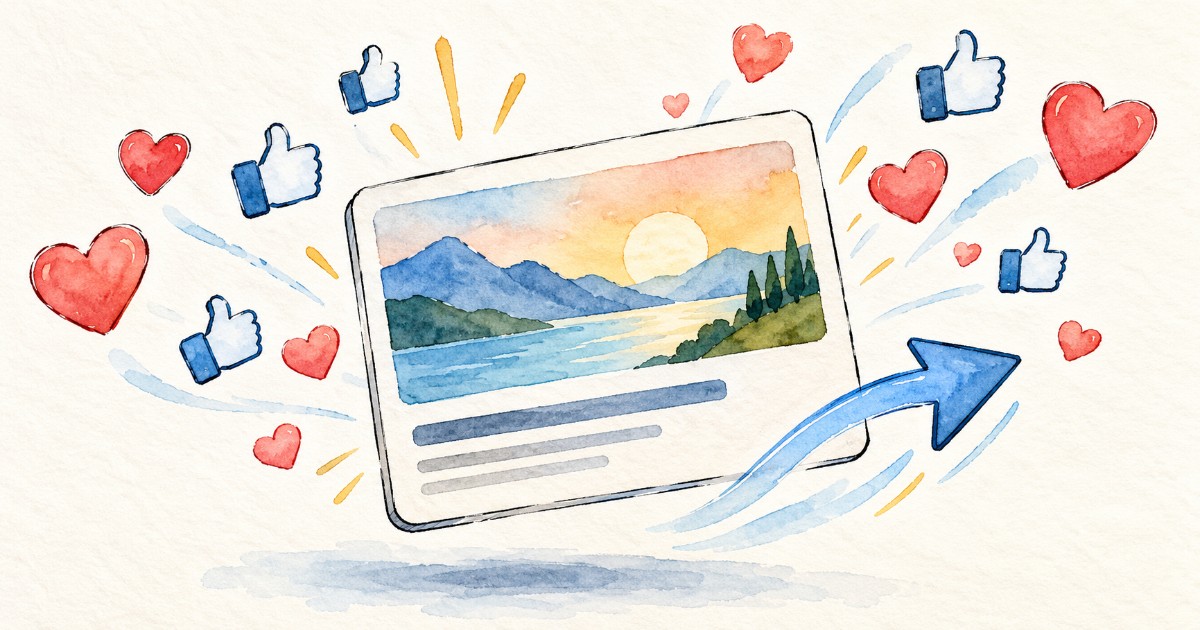 Ručně kreslená ilustrace sdílené karty odkazu obklopené srdíčky a palci nahoru